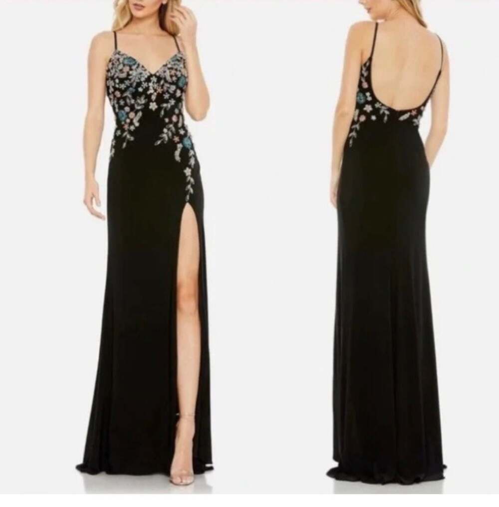 Mac Duggal 42006 Black V-Neck Beaded Floral Cami Gown